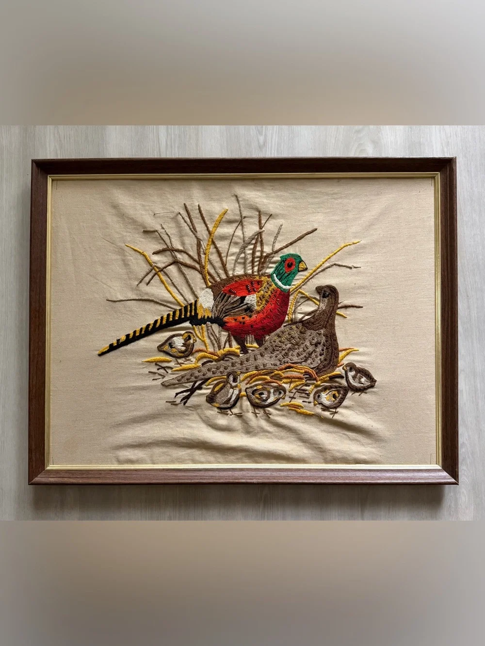 Vintage 70s Crewel Work  Wild Pheasants Framed